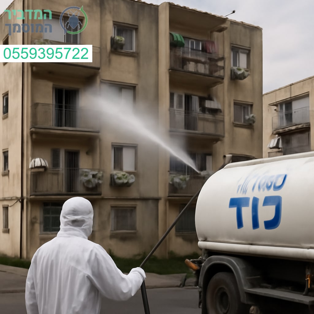 ריסוס מקצועי לבניין בלוד כחלק מטיפול יסודי נגד מזיקים על ידי צוות מדביר מוסמך