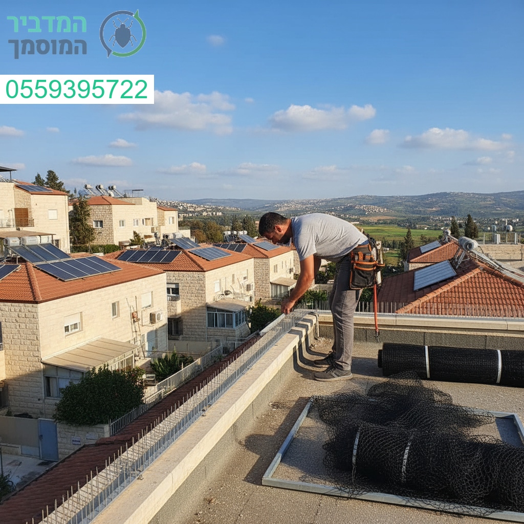 מרחיק יונים מקצועי בפעולה על גג בגבעת שמואל עבודה מדויקת לשמירה על סביבה נקייה ובטוחה