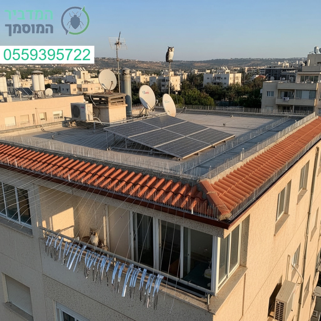 התקנת מערך מרחיק יונים מתקדם בגג בניין ביהוד להגנה מלאה וניקיון מושלם