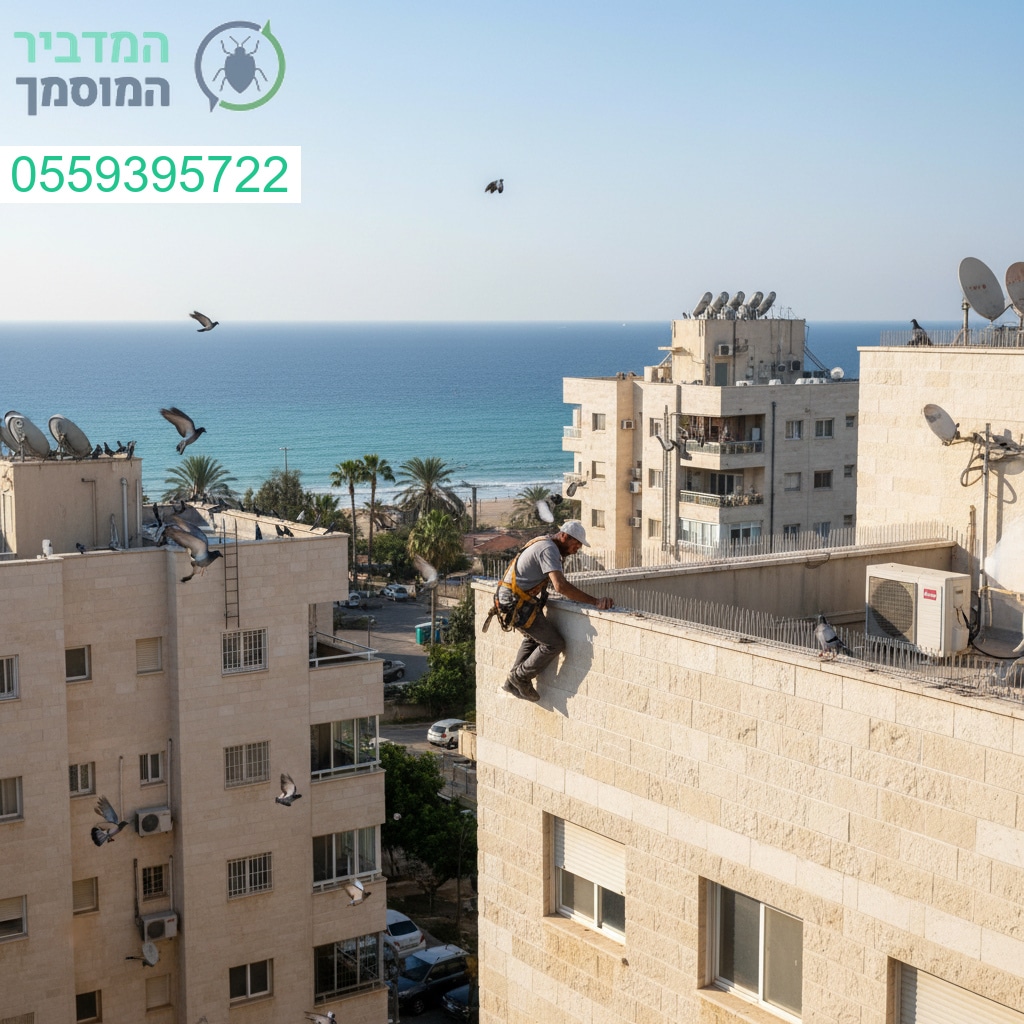 הרחקת יונים מקצועית בגובה בבת ים עם ציוד מתקדם ונוף לים שלא משאיר סיכוי למטרד