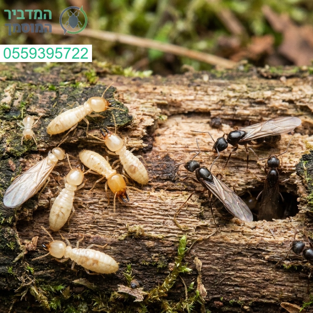 השוואה ויזואלית מרשימה החושפת את ההבדלים המבניים והצבעוניים המהותיים בין טרמיטים לנמלים מעופפות לצורך הבחנה מדויקת וברורה